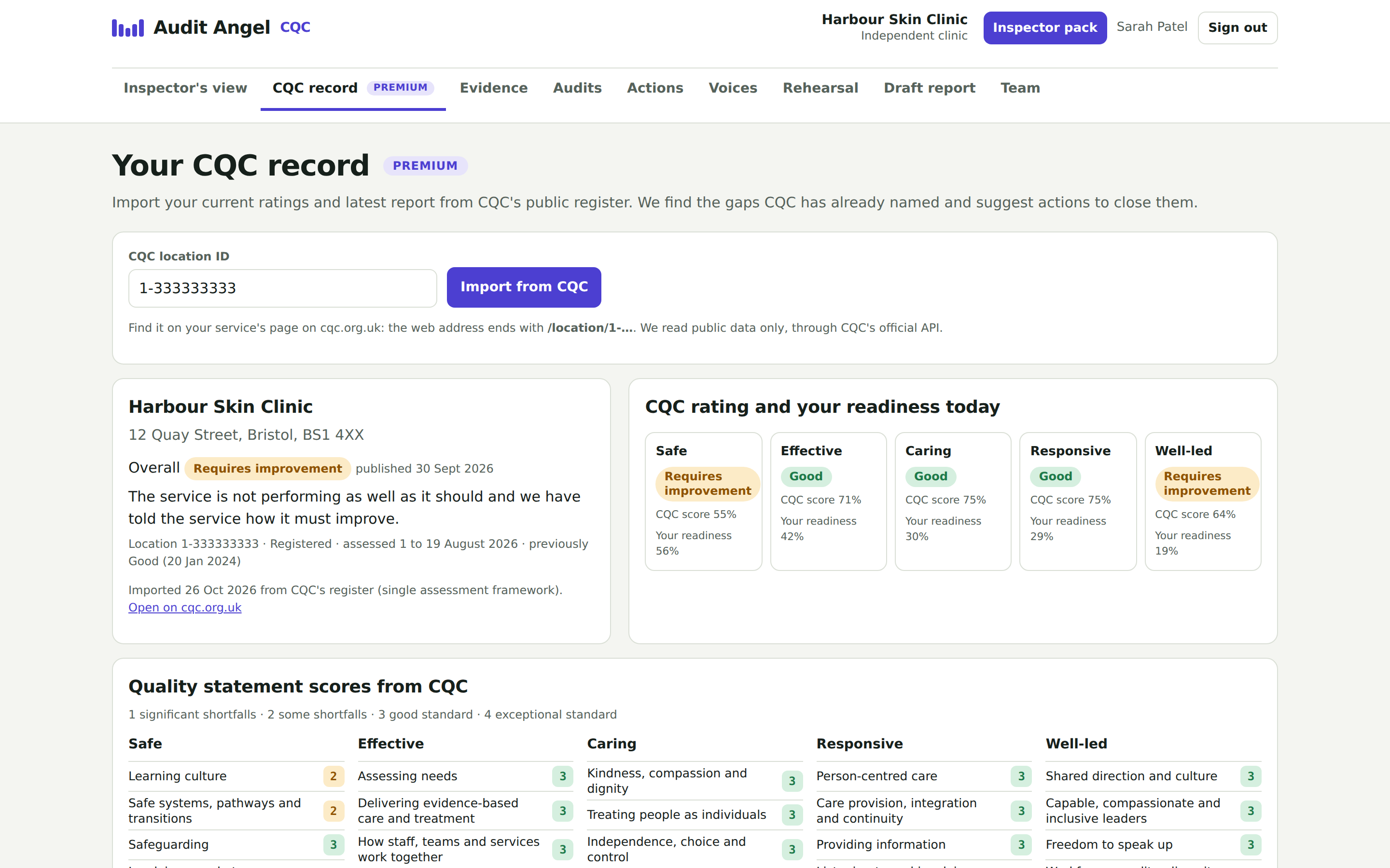 CQC record import showing ratings, findings and suggested actions